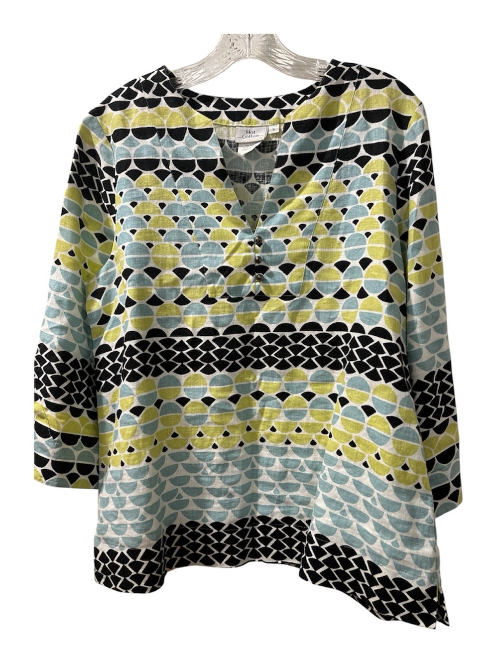 Hot Cotton 100% Linen Geometric Print Tunic Top V-Neck - Size S